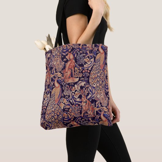 Tote Bag ANIMAUX FORESTIERS, FOX, PEACOCK, HARE PiNK BLUE F (De près)
