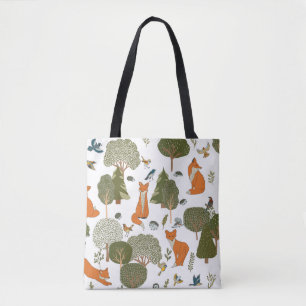 Tote Bag Animaux forestiers : renards, oiseaux motifs