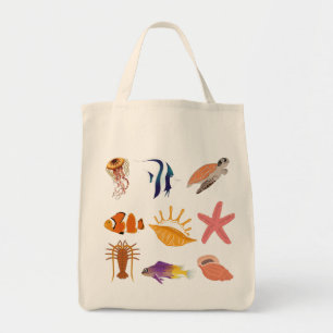 Tote Bag Animaux marins : poissons, tortues, coquillages, m