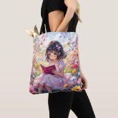 Tote Bag Anime Girl Reading in Flowers and Musical Notes (De près)