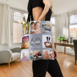 Tote Bag Anniversaire argent photo nom collage<br><div class="desc">Un cadeau unique pour le 60e anniversaire d'une femme (ou tout âge), célébrant sa vie avec un collage de 8 de vos propres photos, photos. Personnalisez et ajoutez son nom, l'âge de 60 ans et une date. Un arrière - plan métallique à l'aspect faux argent chic. Lettres et chiffres gris...</div>