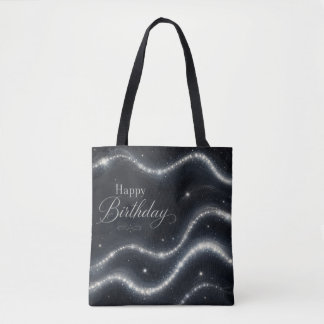 Tote Bag Anniversaire Élégant Noir Argent Diamant Vagues