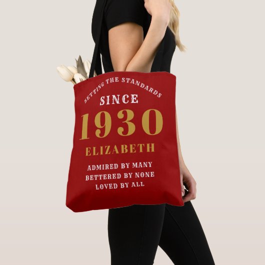 Tote Bag Anniversaire personnalisé 1930 Red Gold Nom élégan (De près)