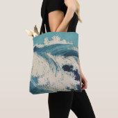 Tote Bag Antique Japonais Bleu Vagues Océan Imprimer (De près)