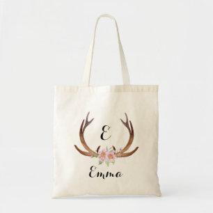 Tote Bag Antler avec les fleurs roses d'aquarelle