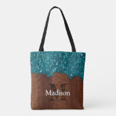 Tote Bag Aqua bleu étincelle bois brun rustique Monogramme (Dos)