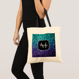 Tote Bag Aqua bleu ombré faux paillettes scintillent Monogr