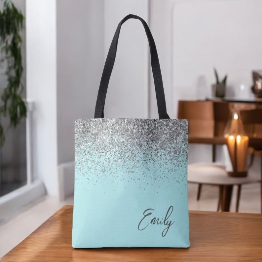 Tote Bag Aqua Bleu Sarcelle Argent Paillettes Monogramme
