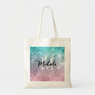 Tote Bag Aqua blue Pink ombre mer galaxie abstraite Monogra