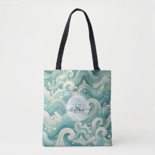 Tote Bag Aqua Blue & White Wave Abstraite - Art moderne Flu