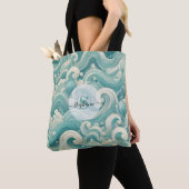 Tote Bag Aqua Blue & White Wave Abstraite - Art moderne Flu (De près)