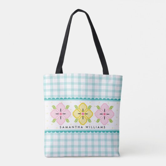 Tote Bag Aqua En vichy Floral Monogrammé (Dos)