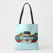 Tote Bag aqua et pomme Turquoise et crayons Enseignants (Devant)