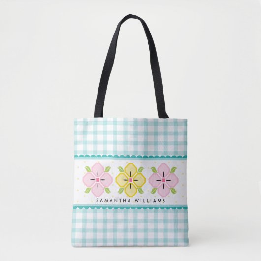 Tote Bag Aqua Gingham Floral Monogrammé (Devant)