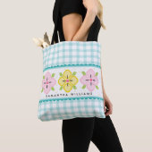 Tote Bag Aqua Gingham Floral Monogrammé (De près)