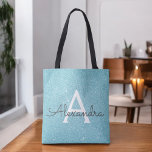 Tote Bag Aqua Turquoise Blue Sparkle Elegant Monogramme Liv<br><div class="desc">Aqua Turquoise Ice Blue Faux Sparkle et Parties scintillant Élégant sac de livre de monogramme. Ce sac de livre peut être customisé pour inclure votre nom initial et prénom.</div>