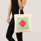 Tote Bag Aqua White Chevron Coral Red Quatrefoil 3 Monogram (Devant (produit))