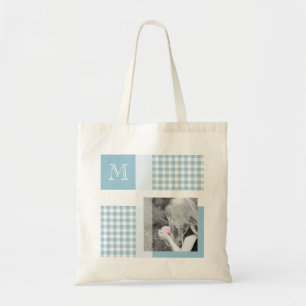 Tote Bag Aquamarine Ajouter Votre Photo En vichy Monogramme