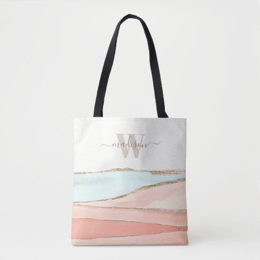 Tote Bag Aquarelle Abstraite côtière avec nom et monogramme (Devant)