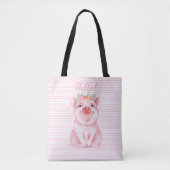 Tote Bag Aquarelle adorable Cochon roses bandes (Devant)