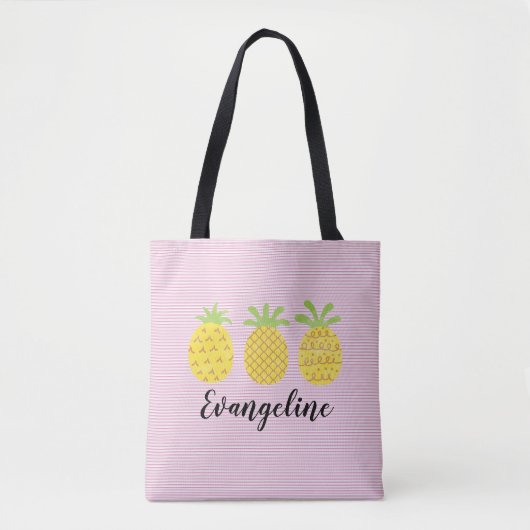 Tote Bag Aquarelle ananas trio avec rose rayé (Devant)