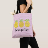Tote Bag Aquarelle ananas trio avec rose rayé (De près)