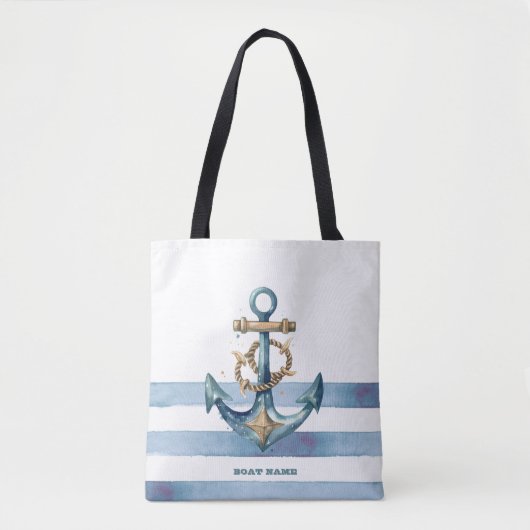 Tote Bag Aquarelle Ancre marine Bleu clair rayures (Devant)