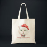 Tote Bag Aquarelle Blanc British Shorthair Cat Holiday<br><div class="desc">Joyeux et lumineux ! Célébrez les fêtes avec ce sac fourre-tout à thème pour chat mignon. Il présente des illustrations d'aquarelle d'un chat britannique Shorthair blanc portant un chapeau de Père Noël et une cravate arc de Noël. Personnalisez en ajoutant des noms, des dates ou des messages. Ce sac fourre-tout...</div>