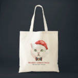 Tote Bag Aquarelle Blanc British Shorthair Cat Holiday<br><div class="desc">Joyeux et lumineux ! Célébrez les fêtes avec ce sac fourre-tout à thème pour chat mignon. Il présente des illustrations d'aquarelle d'un chat britannique Shorthair blanc portant un chapeau de Père Noël et une cravate arc de Noël. Personnalisez en ajoutant des noms, des dates ou des messages. Ce sac fourre-tout...</div>