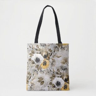 Tote Bag Aquarelle blanche, fleurs jaunes