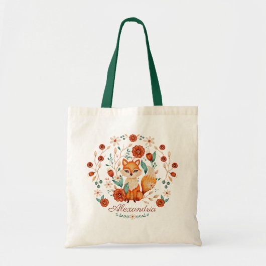 Tote Bag Aquarelle blanche ornée de renard boisé Nom (Devant)