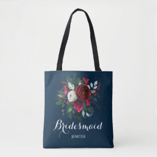 Tote Bag Aquarelle bleu marine bouquet rouge mariage