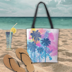 Tote Bag Aquarelle bleu rose Hawaii Palmes tropicales