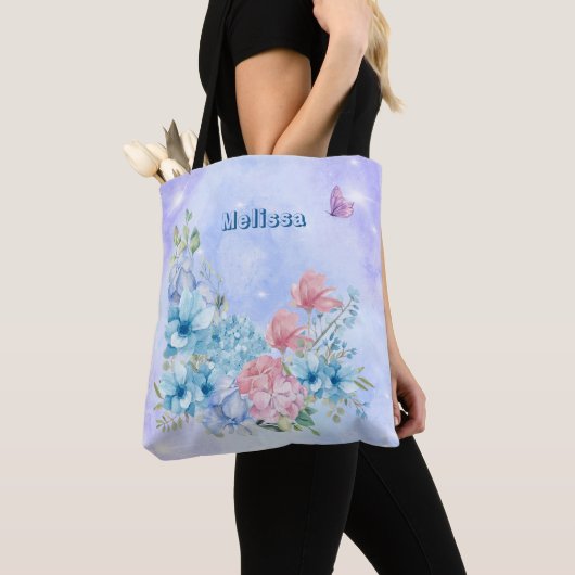 Tote Bag Aquarelle bleu violet moderne brillant Floral (De près)