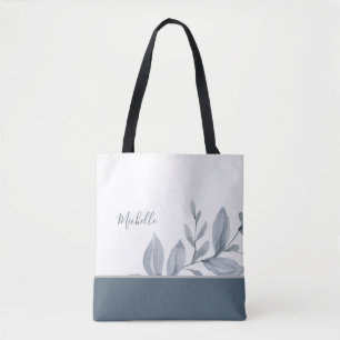 Tote Bag Aquarelle bleue Dusty Verdure avec nom
