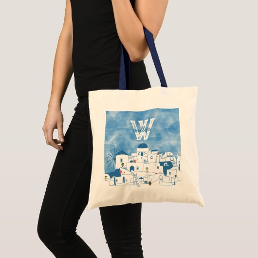 Tote Bag Aquarelle bleue et blanche Santorin Grèce Monogram (Devant (produit))