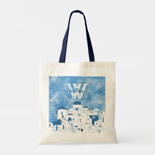 Tote Bag Aquarelle bleue et blanche Santorin Grèce Monogram (Dos)