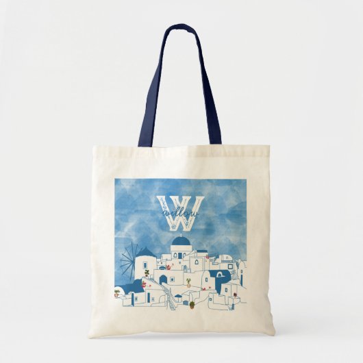 Tote Bag Aquarelle bleue et blanche Santorin Grèce Monogram (Devant)