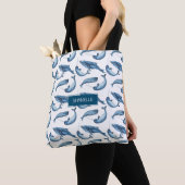 Tote Bag Aquarelle bleue Monogramme Baleine et Narwhal (De près)