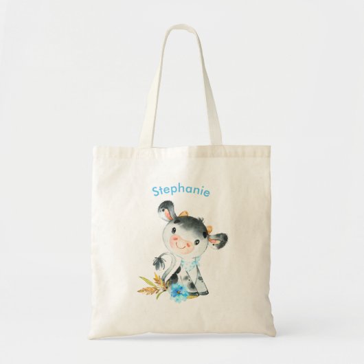 Tote Bag Aquarelle bleue Petite vache (Devant)