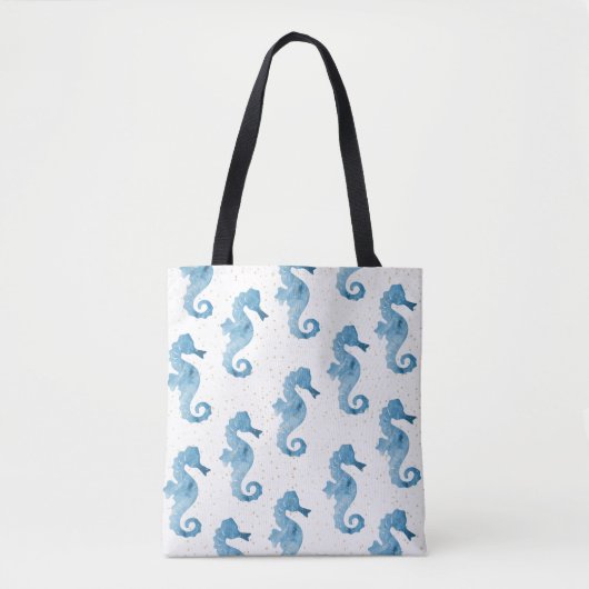 Tote Bag Aquarelle bleue Seahors Motif Gold Sparkles (Devant)