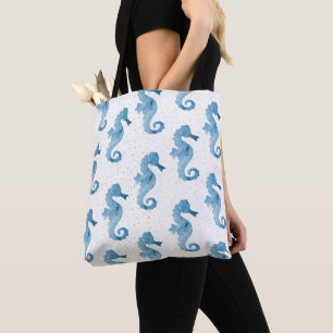 Tote Bag Aquarelle bleue Seahors Motif Gold Sparkles