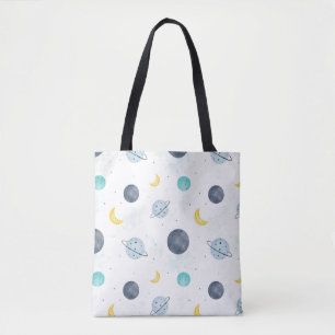 Tote Bag Aquarelle Blue Space Planet Motif