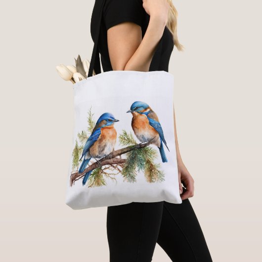 Tote Bag Aquarelle Bluebirds sur le pin (De près)