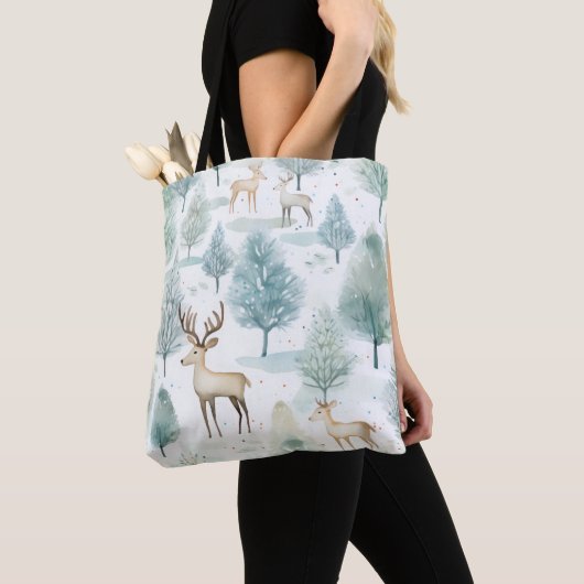 Tote Bag Aquarelle BoisCerf En Forêt D'Hiver Noël (De près)