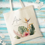 Tote Bag Aquarelle botanique tropicale Mariage de destinati<br><div class="desc">Cet élégant sac fourre-tout de mariage de destination présente de magnifiques botaniques d'aquarelle, dont des feuilles de palmiers, des hibiscus et des oiseaux de paradis. La typographie est classique mais moderne. Le script sur le devant dit "Aloha" mais cela peut être facilement customisé. C'est le design parfait pour une plage...</div>