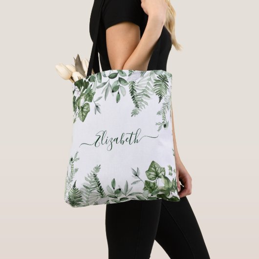 Tote Bag Aquarelle Botanique Verdure Sage Ferns Ivy (De près)