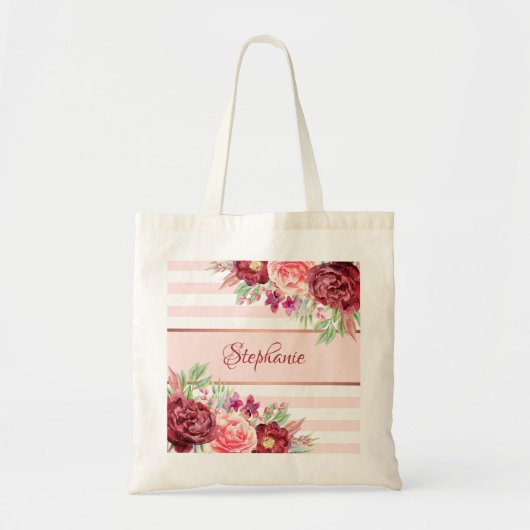 Tote Bag Aquarelle Bourgogne florale Broussaillée Rayures d (Devant)