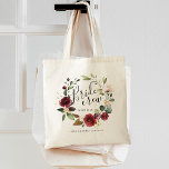 Tote Bag Aquarelle Burgundy Floral Wreath Bride Nom de l'éq<br><div class="desc">Un cadeau sucré et élégant pour la fête de la mariée,  fourre-tout présente une couronne d'aquarelle rose bordeaux avec "tribu de la mariée" inscrite à l'intérieur en écriture manuscrite. Personnalisez avec le nom de la servante et la date du mariage.</div>