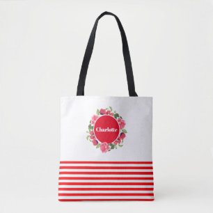 Tote Bag Aquarelle Cercle rouge et rose Courbe florale